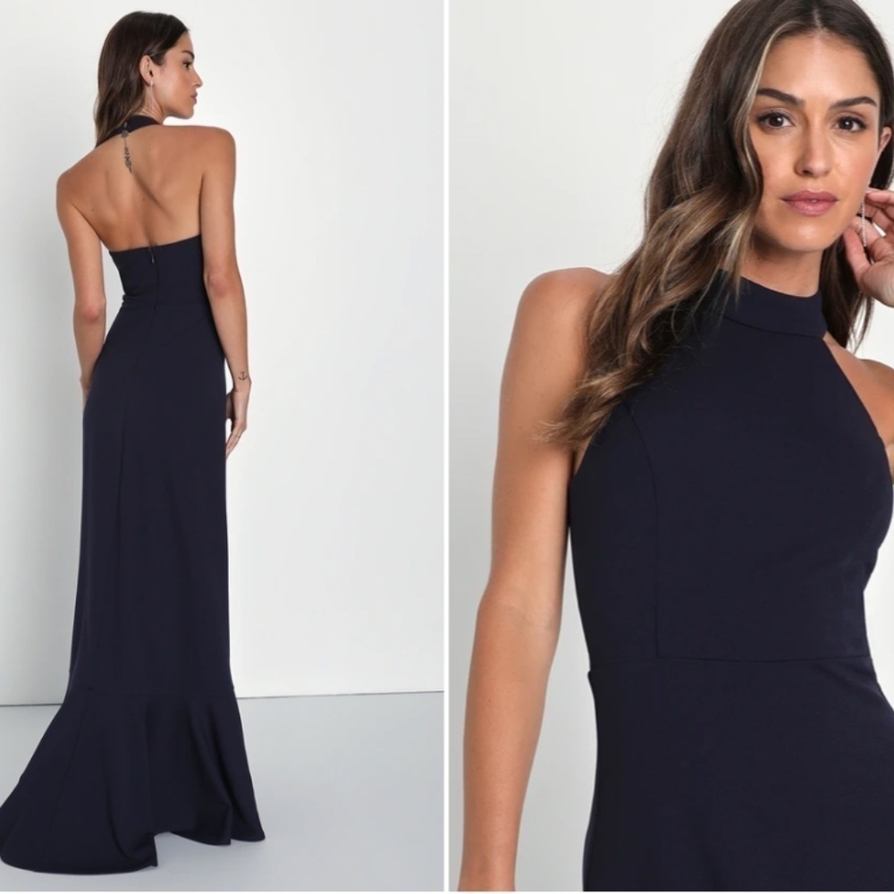 LULU's Chic Sexy Sophisticated Prom Wedding Ruffle Hem Halter Neck Trumpet Maxi - Picture 4 of 6